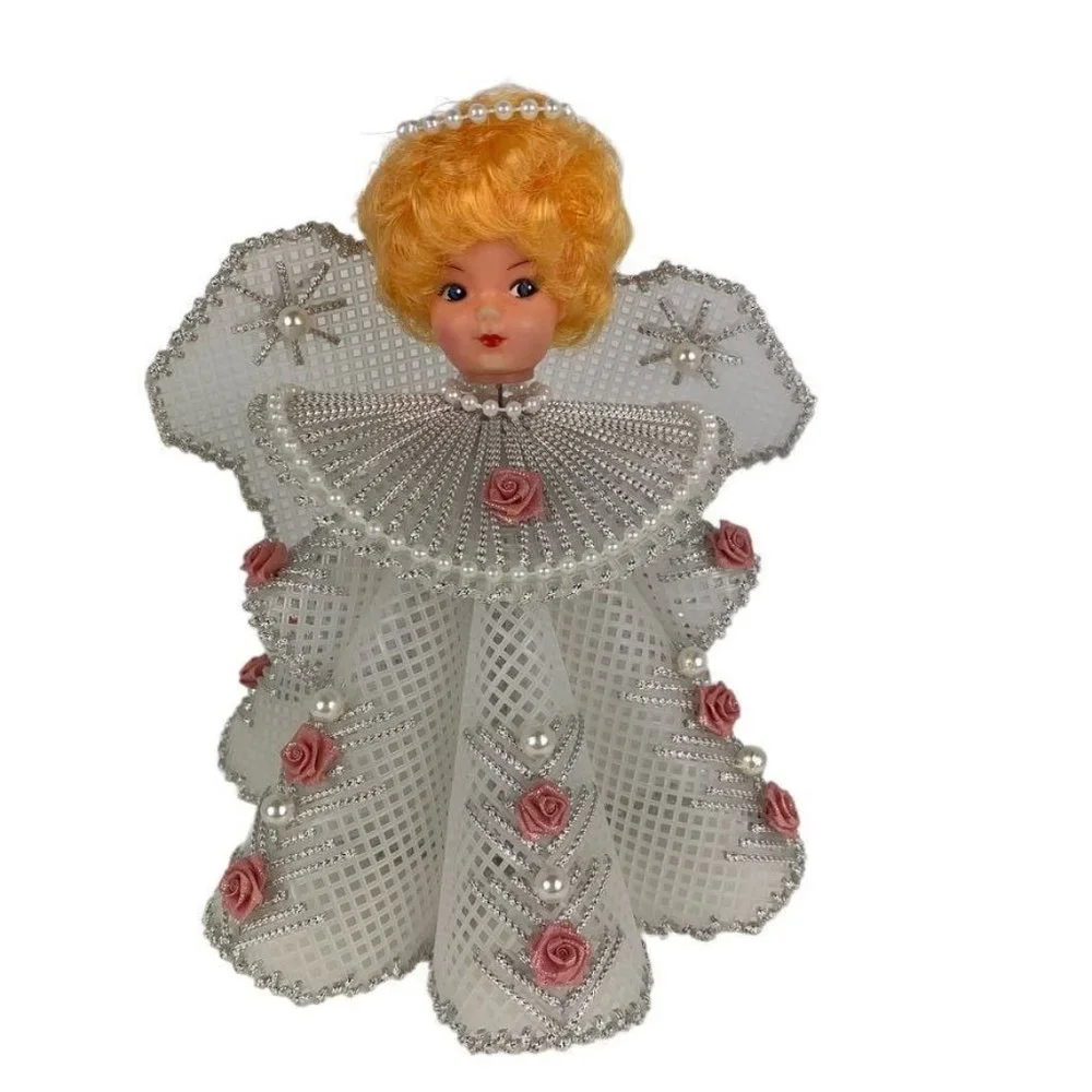 Handmade Vintage Angel Christmas Tree Topper Plastic Canvas Roses Pearl Beads 8